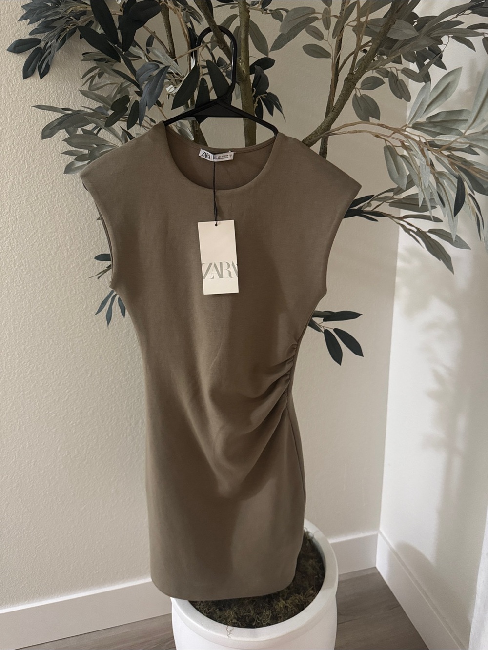 ZARA Olive Side-Ruched Cap Sleeve Mini Dress
